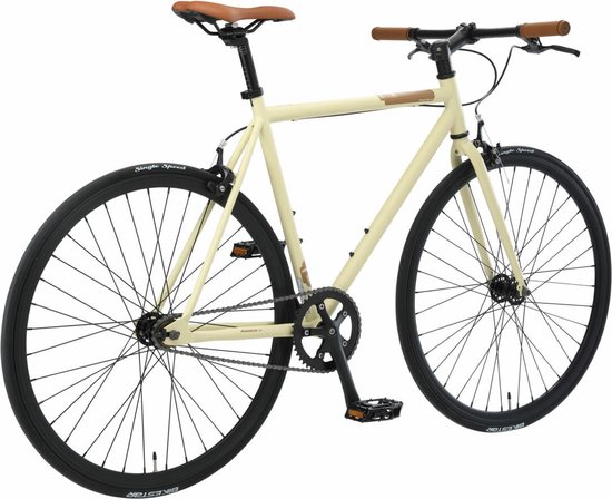 Crèmekleurige damesfiets met bruin zadel en bruine handvatten. Zwarte velgen en banden.