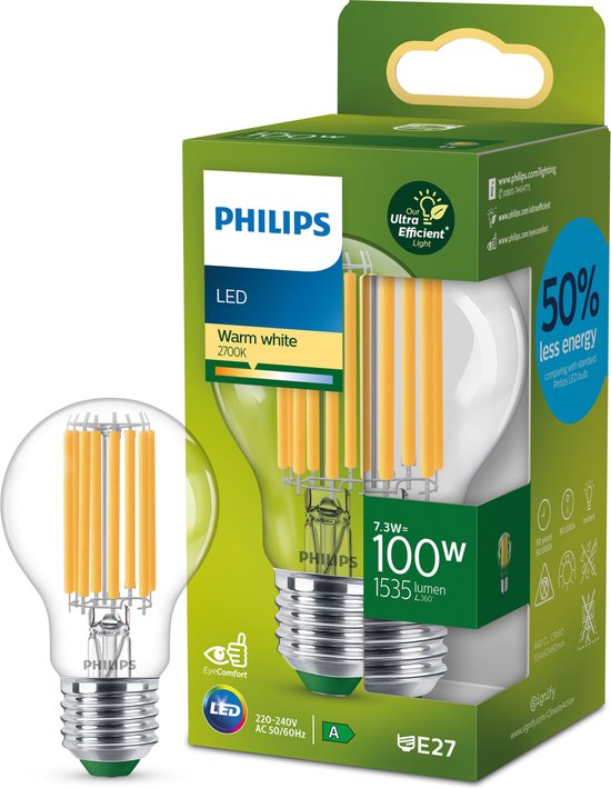 Philips Ampoule, 7,3 W, 100 W, E27, 1535 lm, 50000 h, Blanc chaud