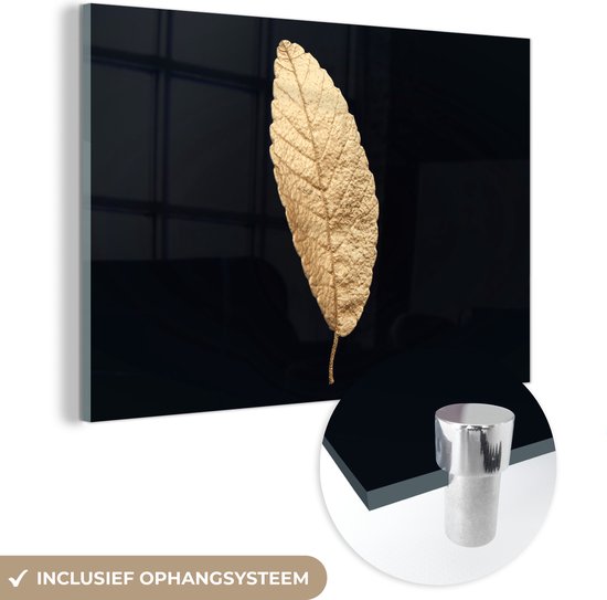 MuchoWow® Glasschilderij 90x60 cm - Schilderij acrylglas - Black en gold - Bladeren - Zwart - Planten - Luxe - Foto op glas - Schilderijen