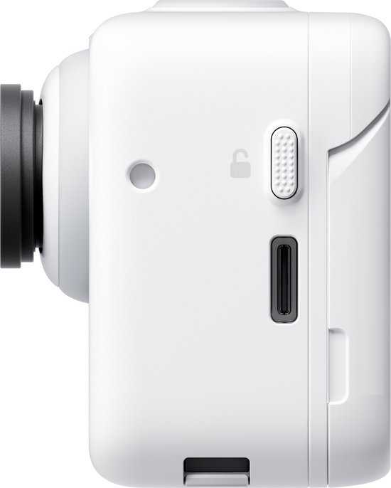Zijaanzicht van de witte Insta360 GO 3 camera met knoppen en poort.