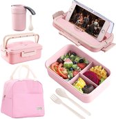 Coffret Bento Lunch Box 1000 ml, Lunch Box avec 3 Compartiments et Couverts + Tasse Isotherme + Lunch Box, Boîte Bento Hermétique pour Pique-Nique, Travail, Collations, Micro-Ondes (Rose)