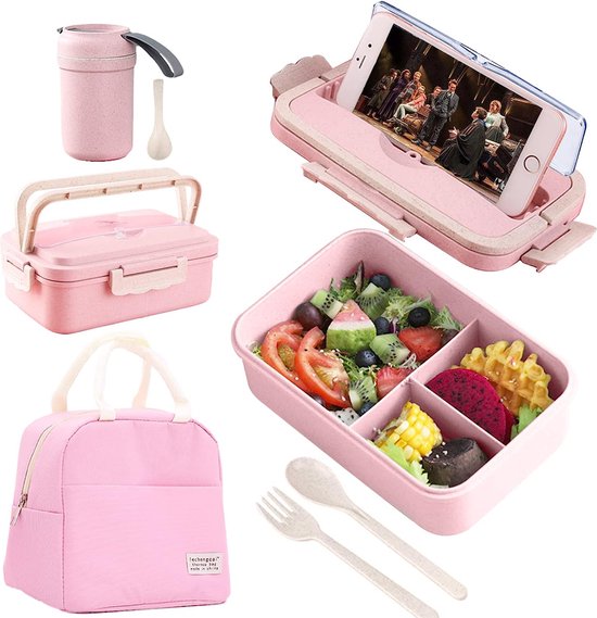 Bento lunchboxset, 1000 ml, lunchbox met 3 vakken en bestek + isolatiebeker + lunchbox, luchtdichte Bento Box voor picknick, werk, snacks, magnetron (roze)