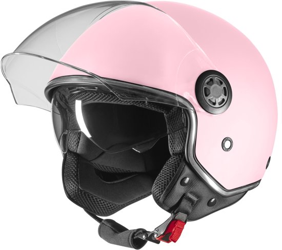 VINZ Pavia Scooter Helm met zonnevizier / Jethelm / Brommer Helm / Motorhelm / Scooterhelm Retro / Snorfiets helm / Snorscooter helm - Geschikt Voor Helmplicht Blauw Kenteken - Roze