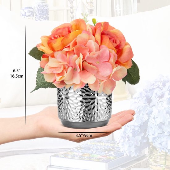 Fleurs artificielles en soie en pot, fleurs artificielles d'hortensia en soie rose artificielle rose avec pot, fausses compositions florales en pot en céramique, soie de fleur réaliste pour salon bureau décoration table cuisine