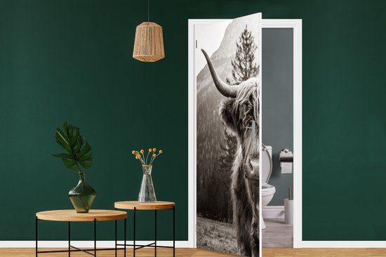 Sticker pour porte Highlander écossais - Taureau - Zwart - Wit - 80x205 cm - Affiche de porte