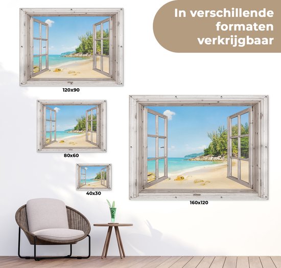 Tuinposter 80x60 cm - Tuindecoratie Doorkijk - Strand - Zand - Poster voor in de tuin - Buiten decoratie - Schutting tuinschilderij - Tuindoek muurdecoratie - Wanddecoratie balkondoek