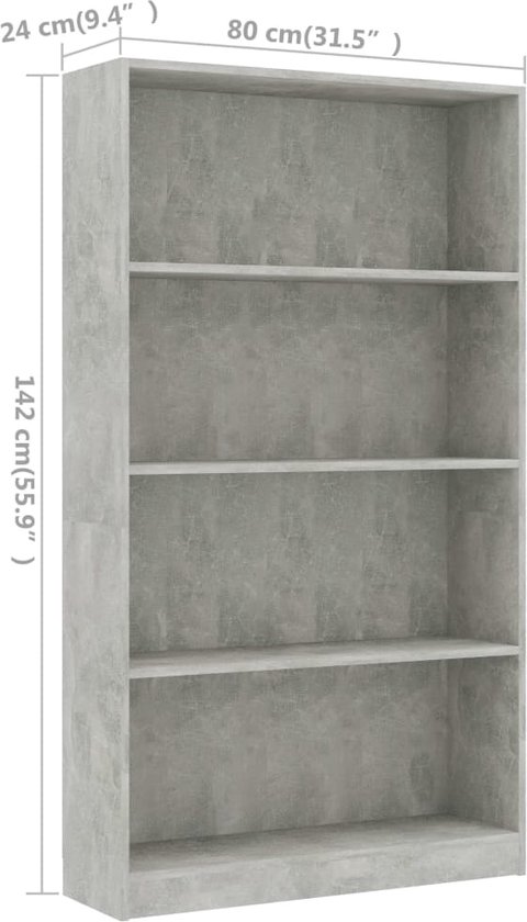 vidaXL - Boekenkast - met - 4 - schappen - 80x24x142 - cm - bewerkt - hout - betongrijs
