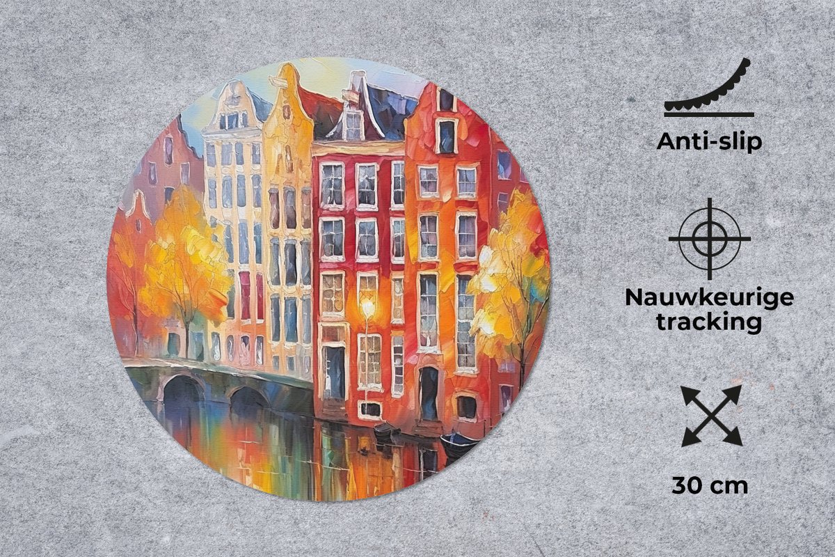 Muismat rond 30x30 cm - Mousepad Grachtenpanden - Kunst - Schilderij - Amsterdam - Ronde muismatten