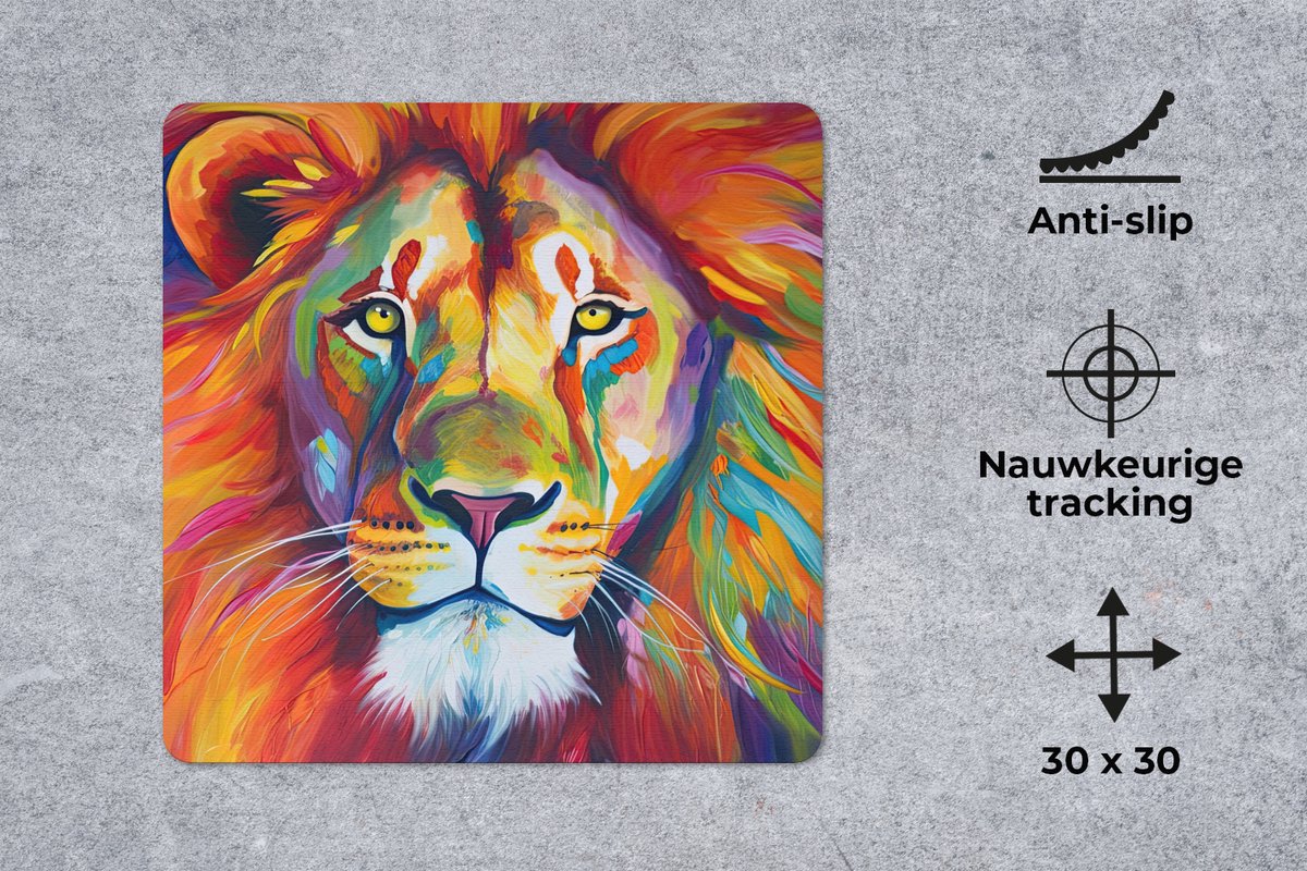 Muismat 30x30 cm - Mousepad Leeuw - Dieren - Olieverf - Regenboog - Muismatten