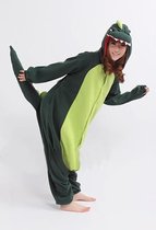 KIMU Onesie draak groen pak kostuum - maat S-M - drakenpak jumpsuit dinosaurus krokodil t-rex trex