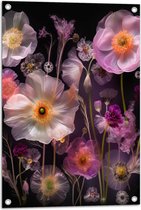 Tuinposter – Boeket van Roze Bloemen op Zwart Oppervlak - 50x75 cm Foto op Tuinposter (wanddecoratie voor buiten en binnen)