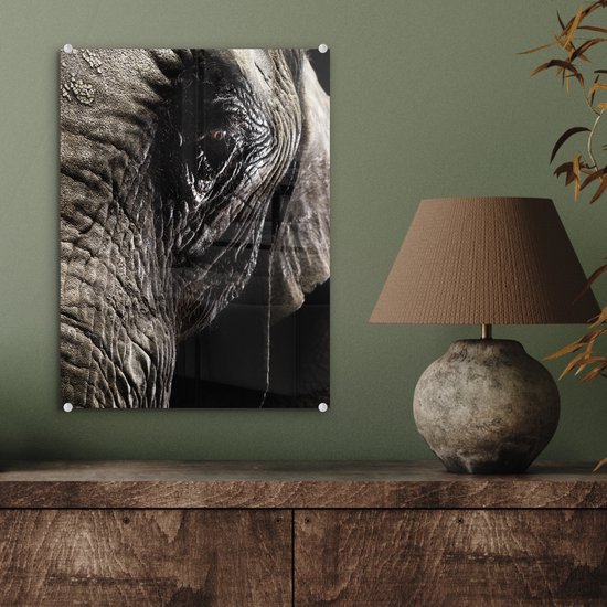 ® Glasschilderij 30x40 cm - Schilderij acrylglas - Olifant - Dieren - Close up - Zwart - Foto op glas - Muurdecoratie woonkamer - Wanddecoratie slaapkamer - Schilderijen