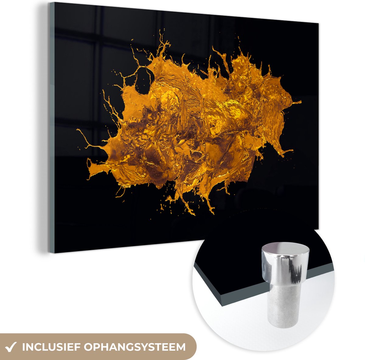 Glasschilderij - Foto op glas - Schilderij glas - Slaapkamer - Woondecoratie - Verf - Goud - Abstract - Luxe - Zwart - Muurdecoratie - Woonkamer decoratie - Keukendecoratie - 150x100 cm