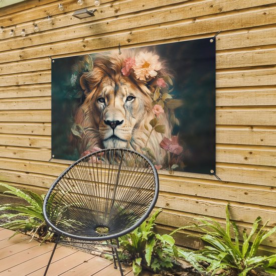 Affiche jardin - Toile jardin - Posters de jardin extérieur - Lion - Tête de lion - Animaux sauvages - Fleurs - 120x80 cm - Jardin