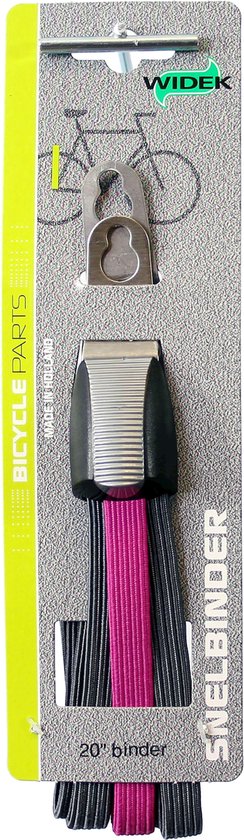 Widek snelbinder met drie banden in grijs, zwart en roze. "BICYCLE PARTS MADE IN HOLLAND" en "SNELBINDER 20" binder"