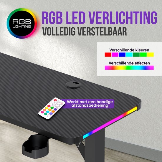 Gaming bureau met RGB LED verlichting, verschillende kleuren en effecten, werkt met afstandsbediening.