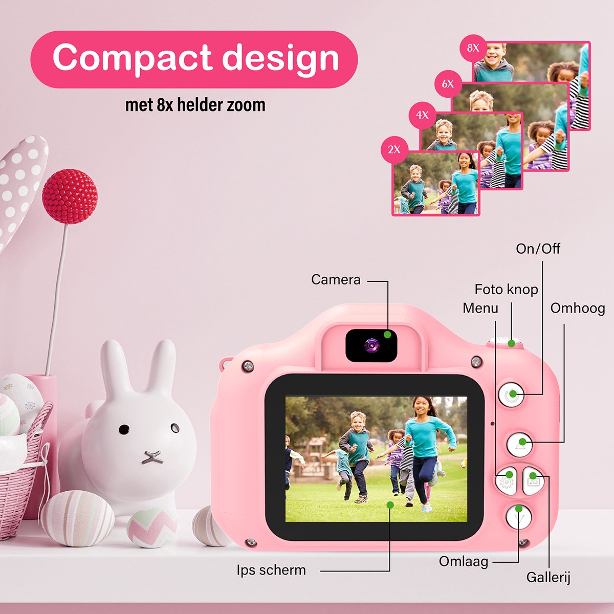 Ilona® Digitale Kindercamera HD 1080p inclusief stickervel - Speelgoedcamera - 32GB micro sd kaart - Fototoestel Voor Kinderen - Selfie Camera - Roze — afbeelding 6