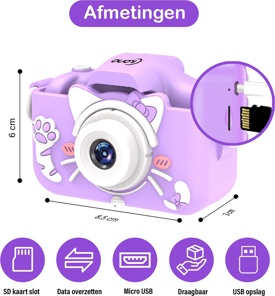 Ilona® Digitale Kindercamera HD 1080p inclusief stickervel - Speelgoedcamera - 32GB micro sd kaart - Fototoestel Voor Kinderen - Selfie Camera - Paars — afbeelding 8