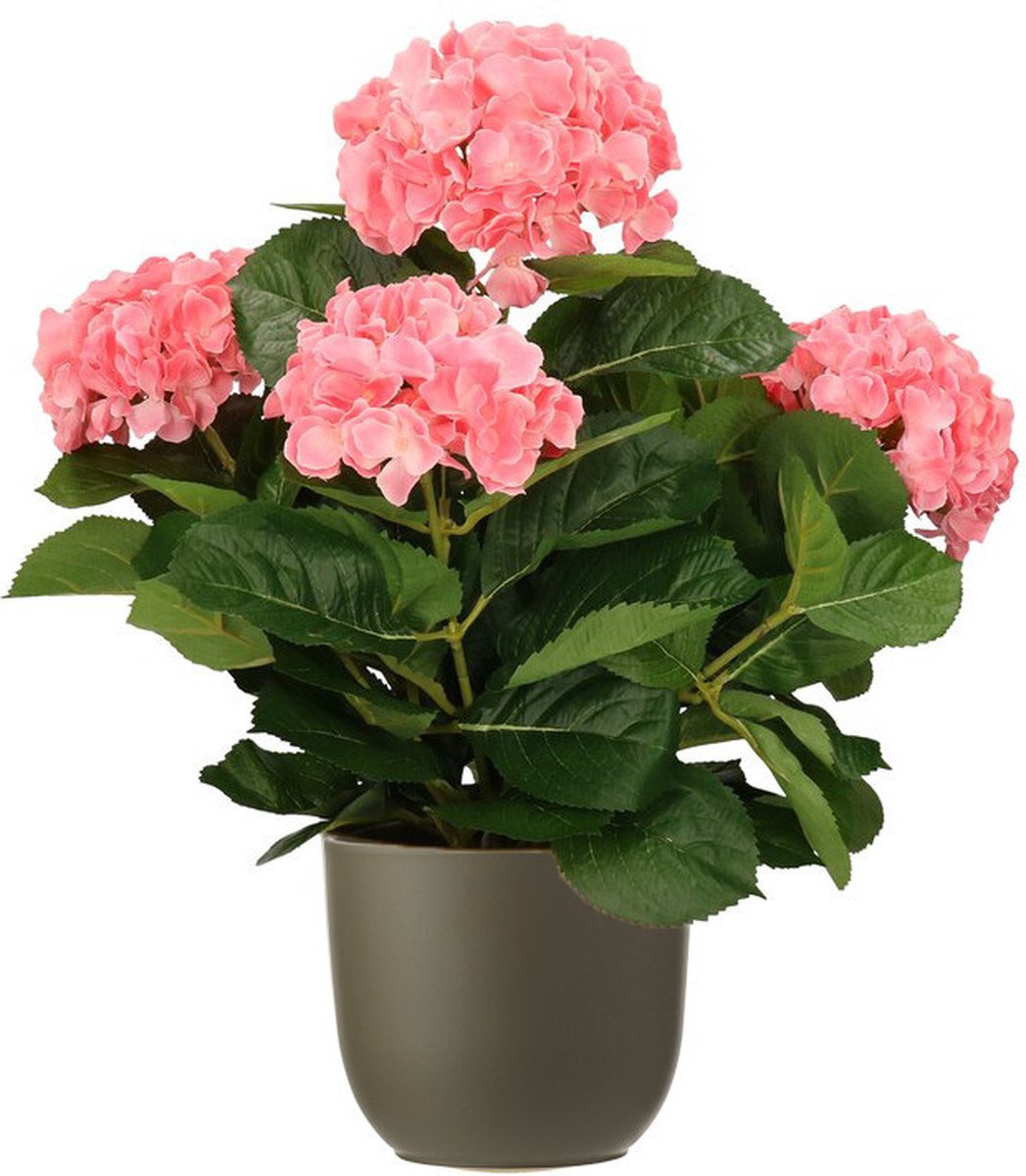 Hortensia kunstplant/kunstbloemen 45 cm - roze - in pot olijfgroen mat - Kunst kamerplant
