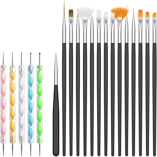Evvie 20 delige nail art set - 15 nailart penselen en 5 dotting tools - Zwart
