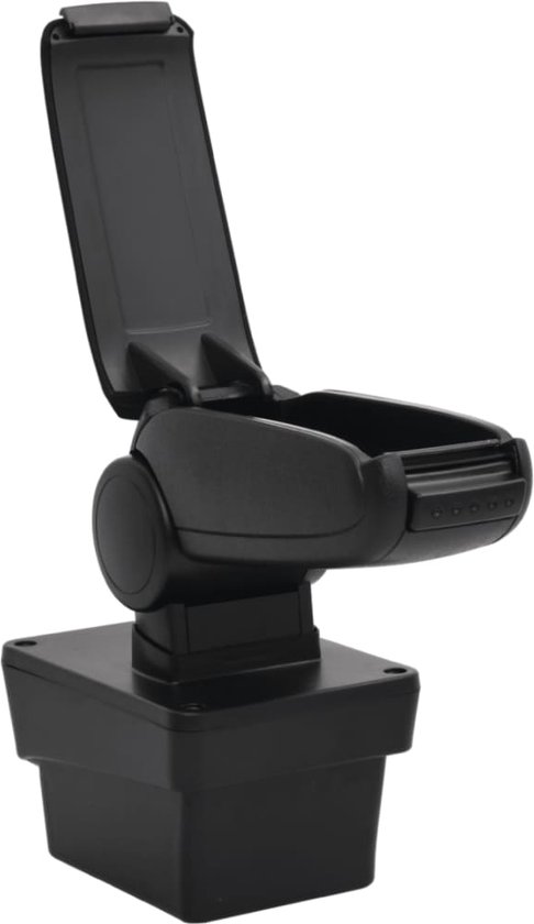 Accoudoir noir avec couvercle ouvert et une fermeture en plastique.