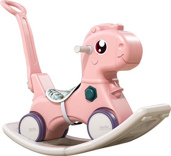IKIDO Hobbelpaard - Schommelpaardje Baby - Met paal- Cadeau voor Baby en Peuter - Rijdend Speelgoed Paard - 2-in-1 Hobbelpaard en Voertuig - Inclusief Wieltjes - met Geluidseffecten - Roze