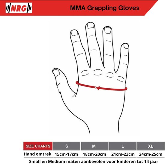 Tableau des tailles des gants de grappling NRG MMA avec mesures de la main.