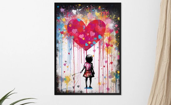 Kleurrijke Poster - Graffiti stijl hart met explosie aan kleuren waar een kind naar kijkt. Banksy stijl street art - 30x40cm met zwarte kunststof wissellijst
