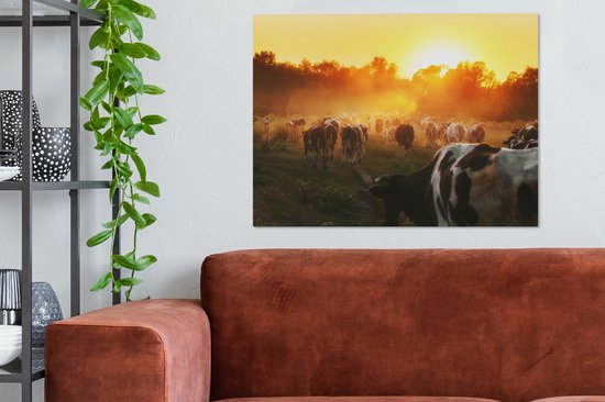 Tableau toile vache - Vache - Animaux - Nature - Coucher de soleil - Arbres - 80x60 cm - Toile - Décoration murale