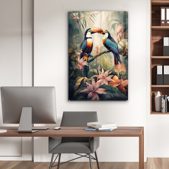 MuchoWow® Peinture sur verre - Toucan - Vogels - Fleurs - Nature - Jungle - 80x120 cm - Peintures sur verre acrylique - Photo sur Glas
