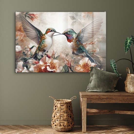 MuchoWow® Peinture sur verre 90x60 cm - Peinture sur verre - Colibri - Vogels - Fleurs - Nature - Photo sur verre acrylique - Peintures
