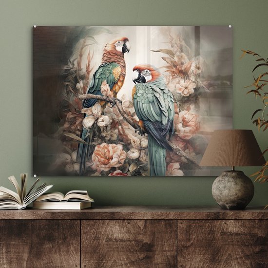 MuchoWow® Peinture sur verre 80x60 cm - Peinture sur verre acrylique - Perroquets - Vogels - Nature - Fleurs - Photo sur verre - Décoration murale salon - Décoration murale chambre - Peintures