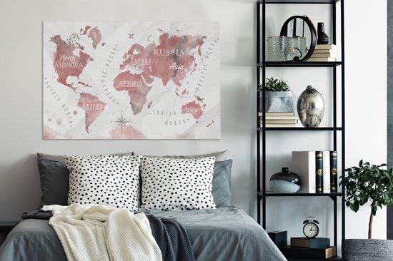 Peintures Toile Wereldkaart - Peinture - Rose - 120x80 cm - Décoration murale