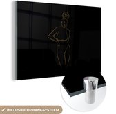 MuchoWow® Glasschilderij 180x120 cm - Schilderij acrylglas - Vrouw - Zwart - Goud - Line art - Foto op glas - Schilderijen