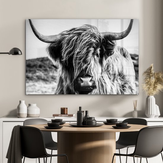 Peinture sur verre Scottish Highlander - Animaux - Vache - Zwart et blanc - Décoration murale sur verre - Photo sur verre - 120x80 cm - Décoration murale murale - Peinture sur verre