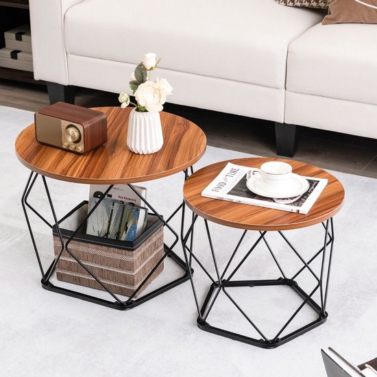 Jjdjdj LHLLHL 2 Stks Kleine Ronde Thee Koffietafels Schattige Hout Oppervlak Metalen Poten Sofa Zij Tafel Thuis Balkon Color Walnut Noodle Combination