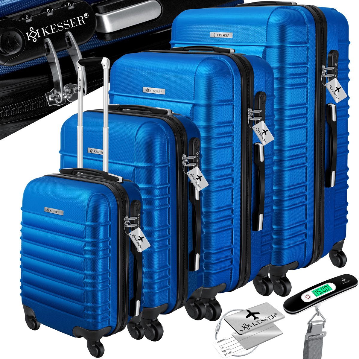 KESSER® 4x Koffer, reiskofferset, trolley koffer, incl. bagageweegschaal + bagagelabel rollend kofferslot, 4 wielen ABS, harde schaal telescoopgreep S-M-L-XL - Blauw