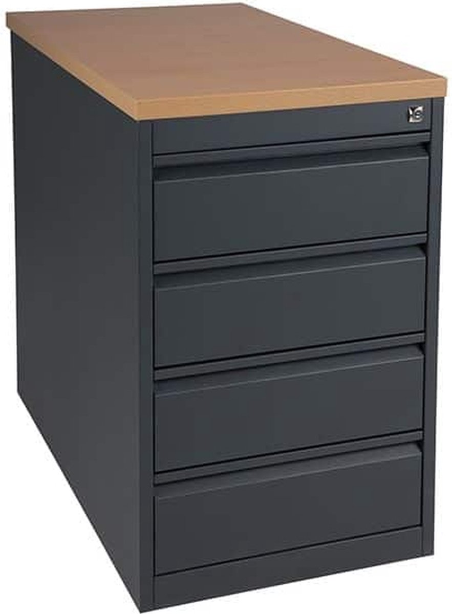 Praktische standcontainer 4 lades diep 60CM kleur Zwart (RAL9005) topblad Lichtgrijs