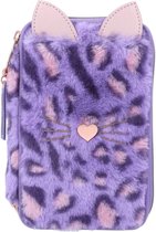 12148 TOPModel Lilac Leo Love - Trousse remplie à 3 compartiments avec peluche violette, imprimé léopard et oreilles, trousse avec crayons de couleur, règle, ciseaux, etc.
