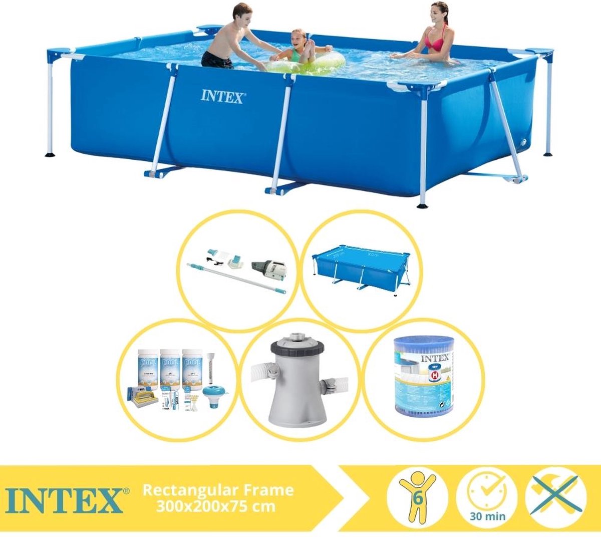 Intex Rectangular Frame Zwembad - Opzetzwembad - 300x200x75 cm - Inclusief Solarzeil, Onderhoudspakket, Zwembadpomp, Filter en Stofzuiger