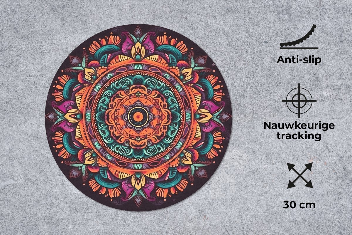 Muismat rond 30x30 cm - Mousepad Mandala - Bloemen - Hippie - Boho - Oranje - Ronde muismatten