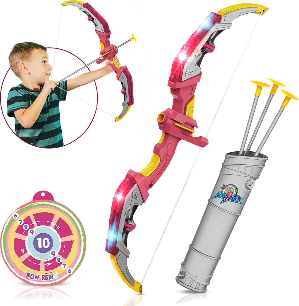 Tir à l'arc pour enfants - Ensemble de tir à l'arc amélioré comprenant un  super arc, des flèches à ventouse, des jouets pour enfants à l'intérieur et  à l'extérieur avec pochette flèche
