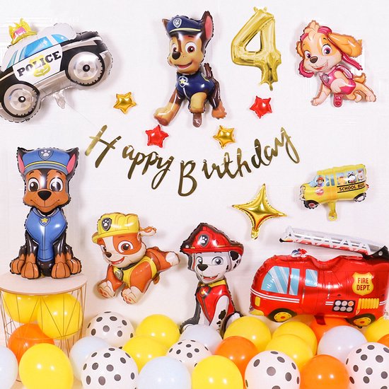 Loha-party® Honden Thema Versiering ballonen-Verjaardag pakket-Cijfer ballonnen-4-Ryder-Chase-Marshall-Skye-Rocky-Rubble-Zuma-brandweer auto-Politie auto-Happy birthday-Folie ballonnen