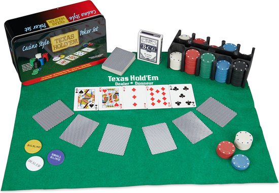 pokerset - 200 chips - tafelkleed - 2 kaartspellen - diverse buttons - pokerspel