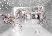 Fotobehang - Vlies Behang - Glazen Bollen en Bloemen in 3D Tunnel - 208 x 146 cm