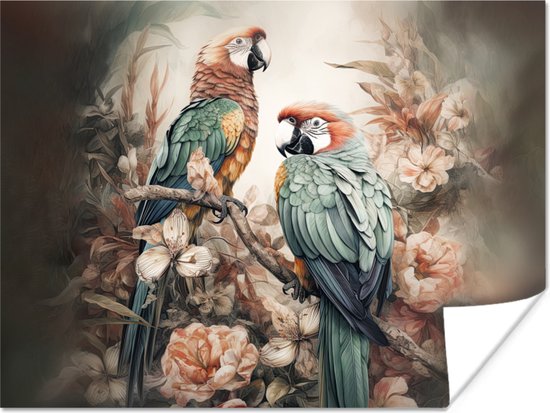 Poster Perroquets - Vogels - Nature - Fleurs - 120x90 cm