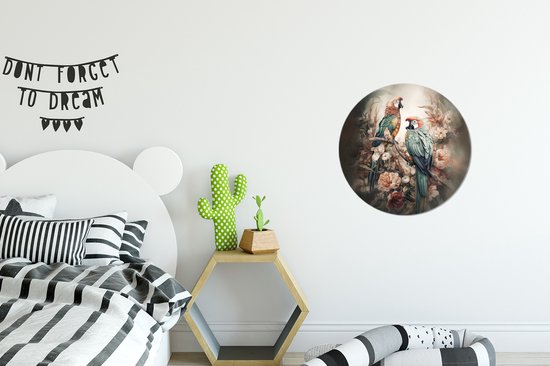 WallCircle - Stickers muraux - Cercle Papier Peint - Perroquets - Vogels - Nature - Fleurs - 30x30 cm - Cercle Mural - Auto Adhésif - Autocollant Rond Papier Peint