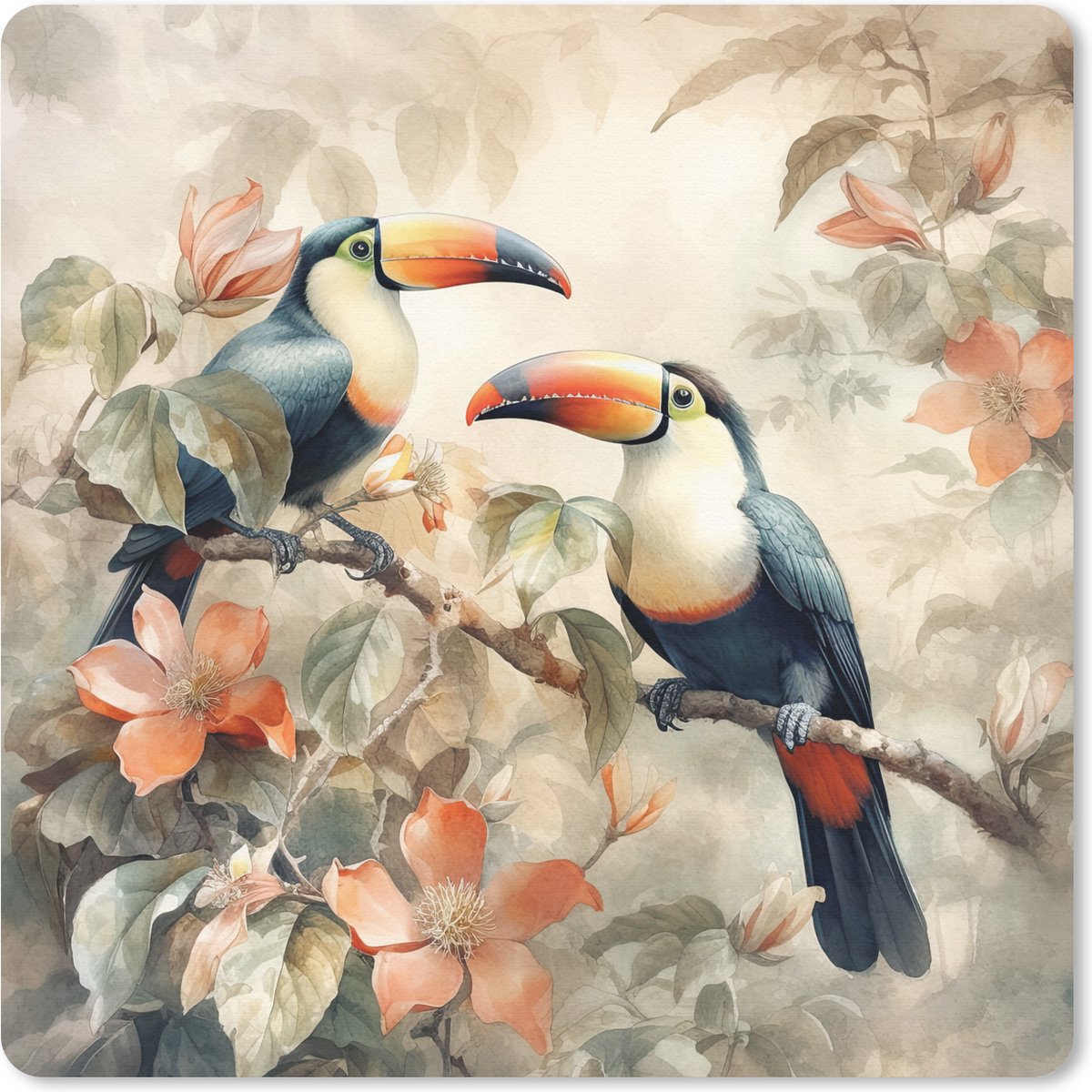 Muismat 30x30 cm - Mousepad Toekan - Vogels - Bloemen - Tak - Muismatten