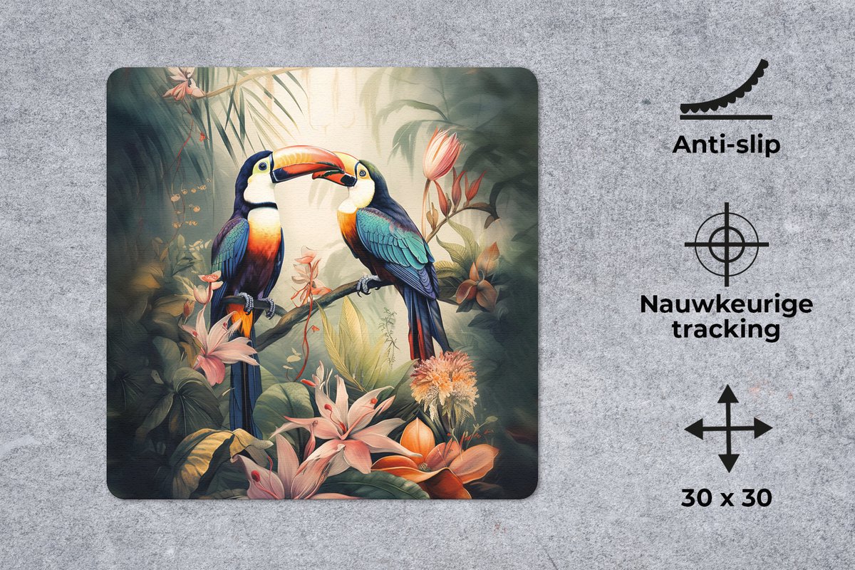 Muismat 30x30 cm - Mousepad Toekan - Vogels - Bloemen - Natuur - Jungle - Muismatten