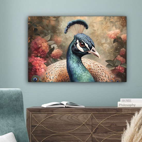 Tableau sur toile Paon - Vogel - Fleurs - Plantes - Plumes de Paon - 60x40 cm - Décoration murale